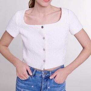 Maje Tweed Cropped Button Up Short sleeve Top Ecru White